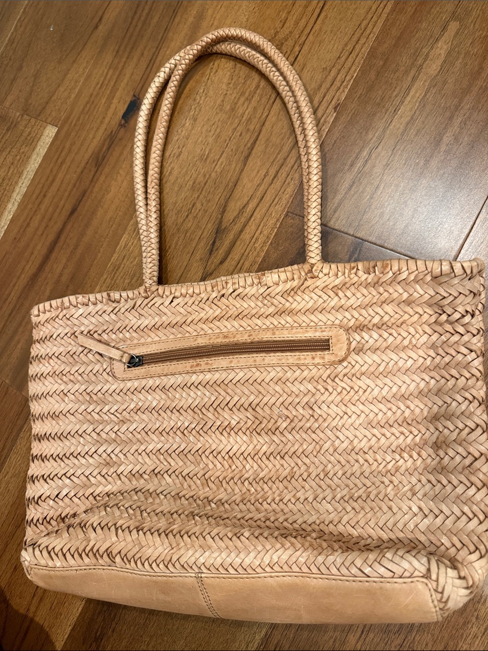 Woven leather tote bag light neutral tan